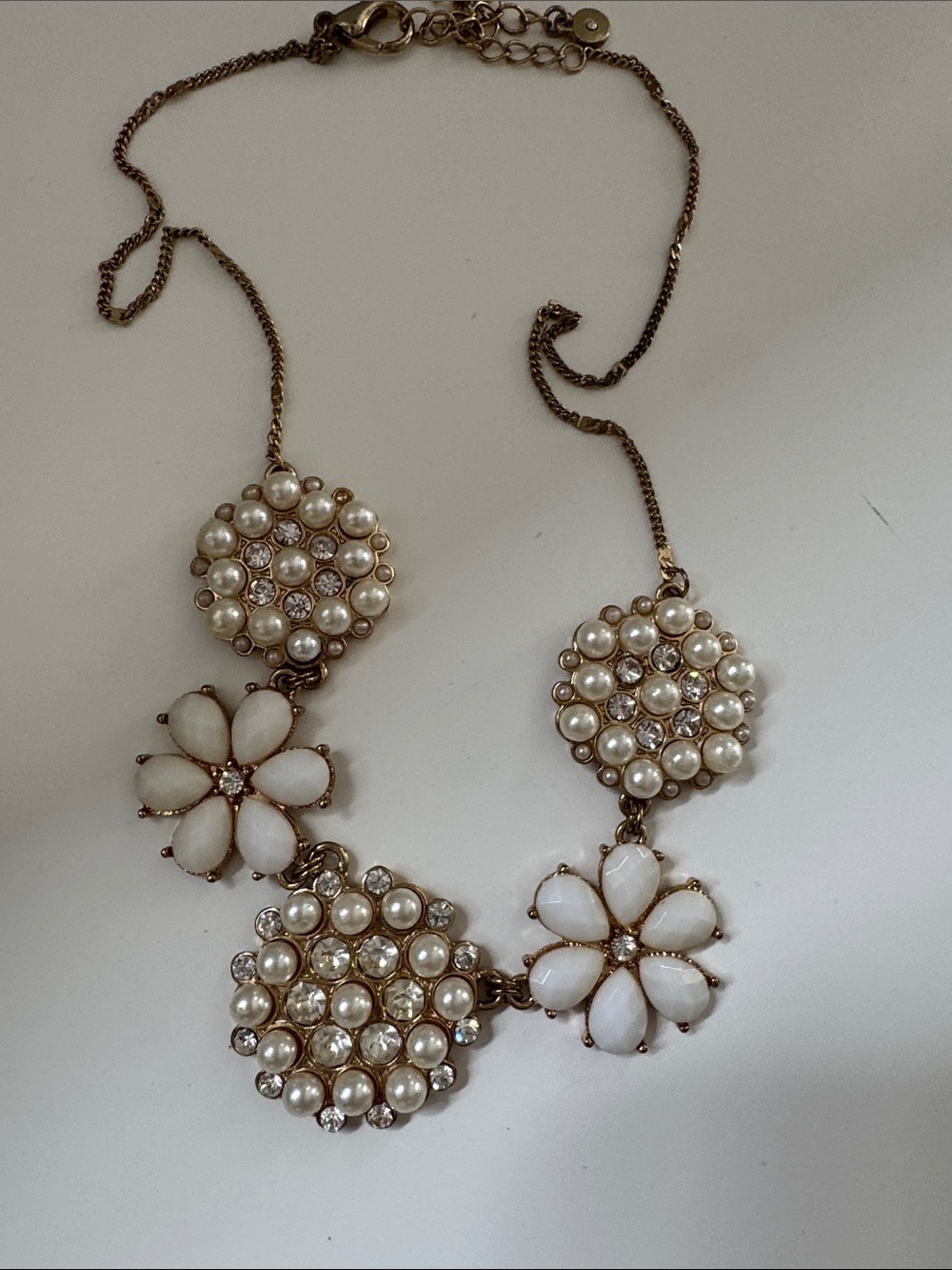 Pearl & Crystal Floral Statement Necklace - White/Gold
